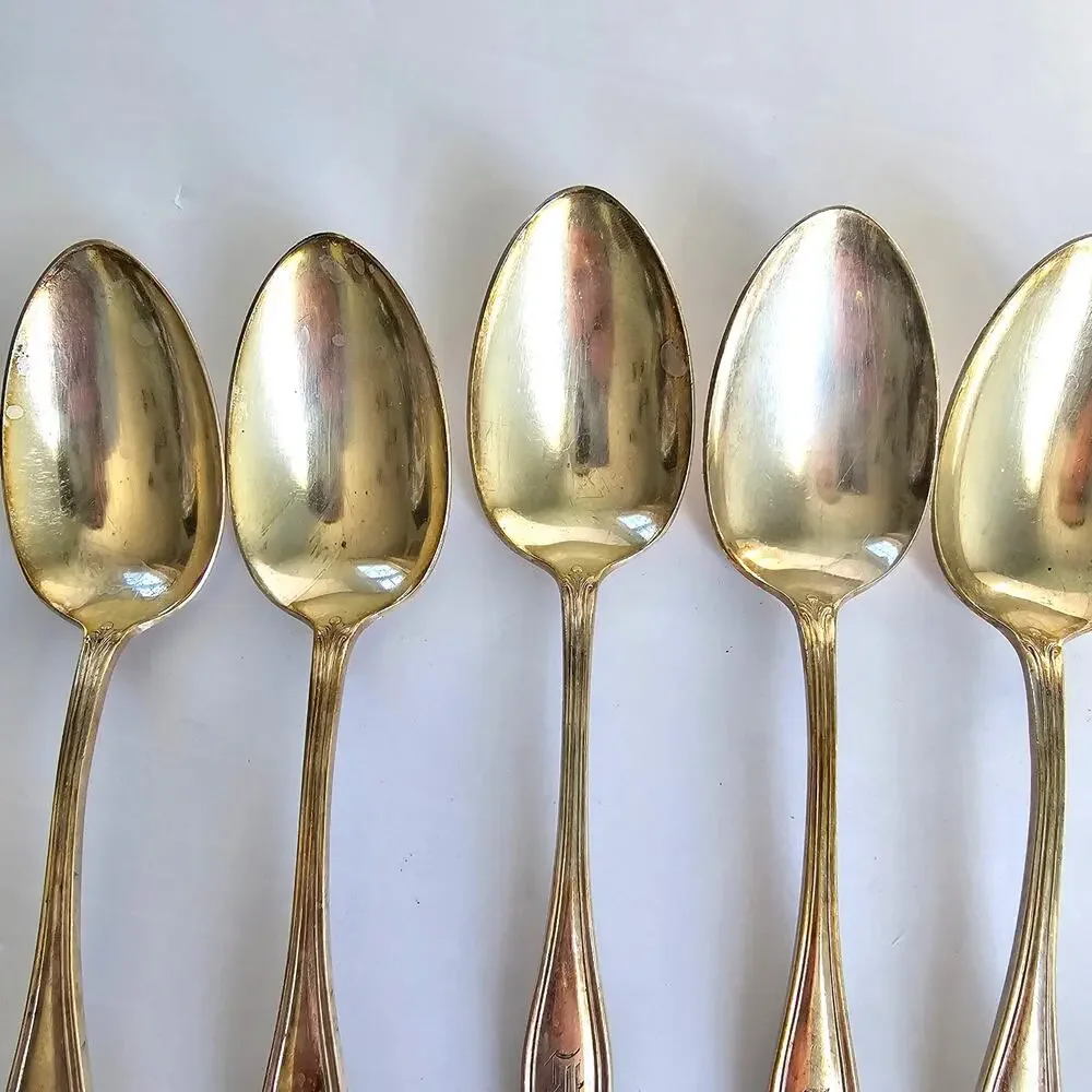 Antique Silver Plate Tablespoons 5 Monogramed Scroll Motif Unmarked Gilded Age